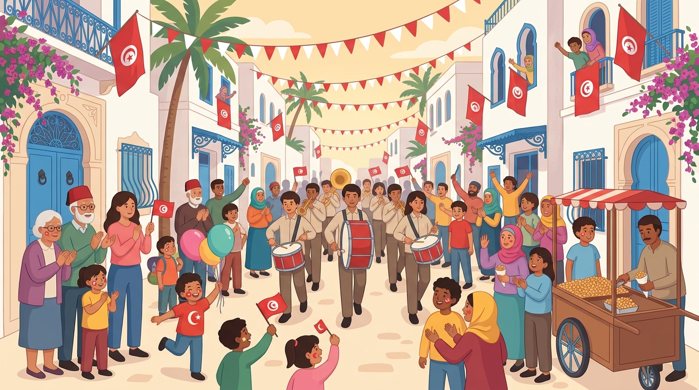 Une fête colorée et animée dans une rue tunisienne : drapeaux, guirlandes, fanfare scolaire, enfants avec des ballons et familles